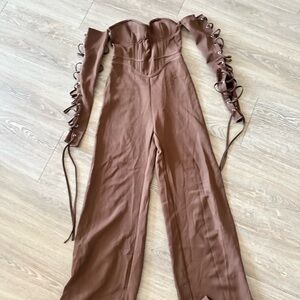 PrettyLittleThing Brown Straight Leg Pants with Ruffle Detail